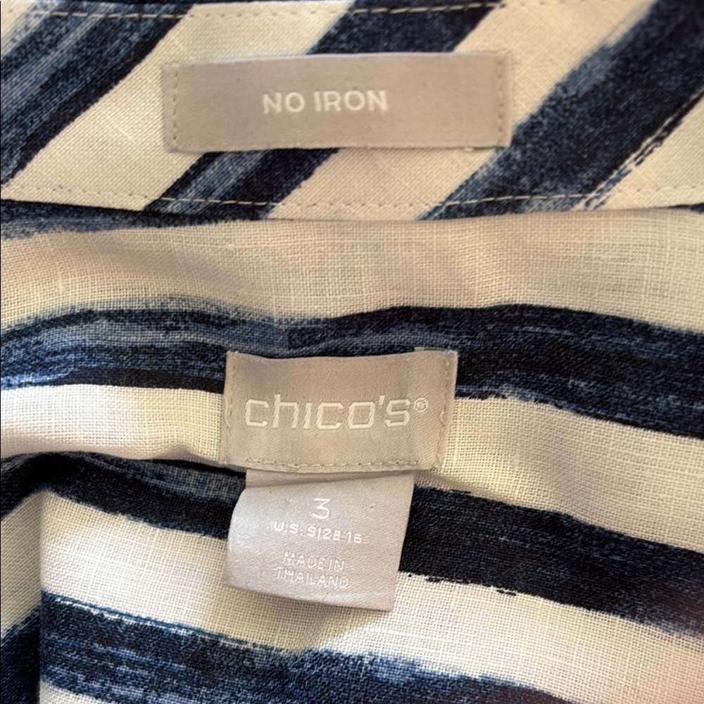CHICOS LINEN Striped Blue and White button down top - Picture 5 of 7